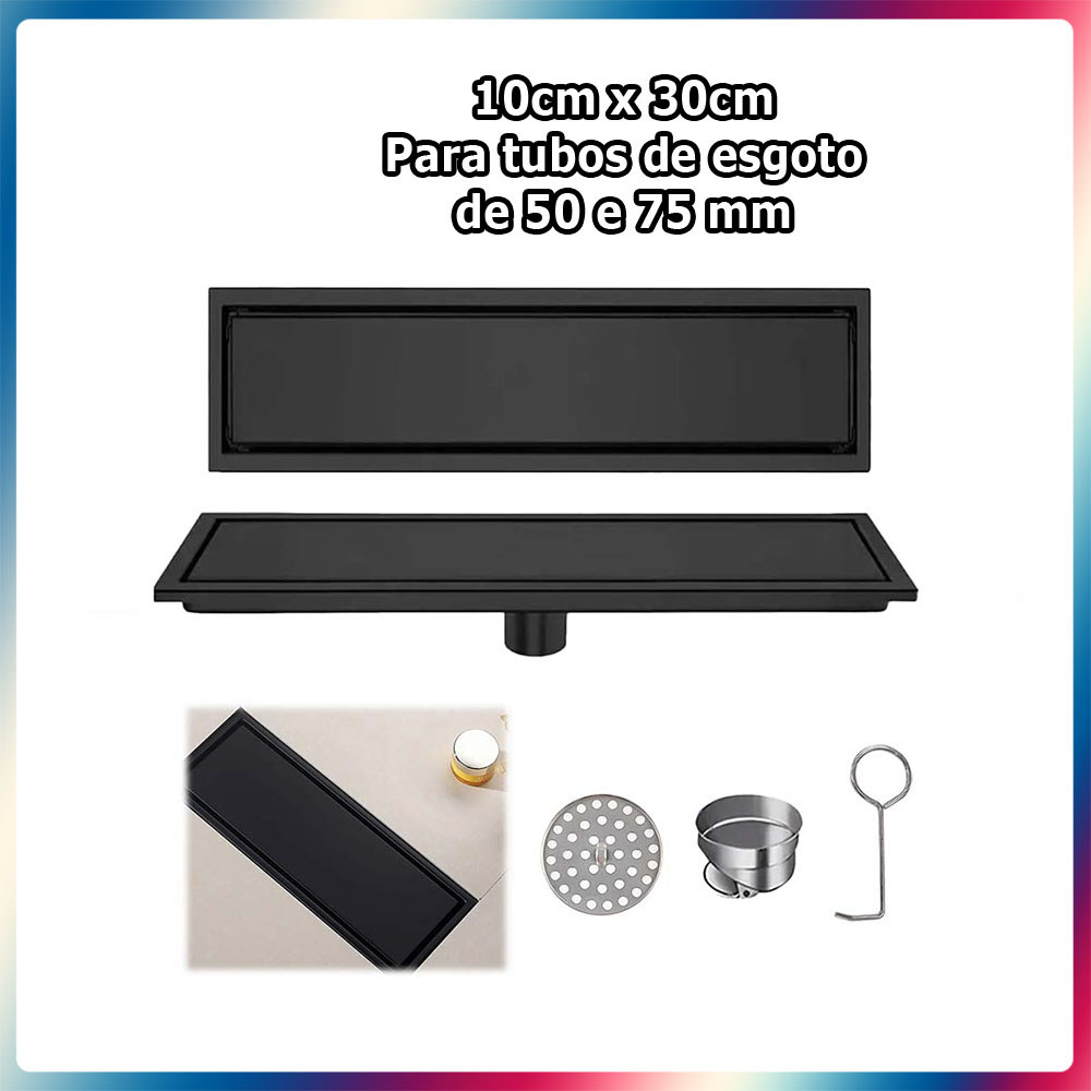 10x30cm Ralo linear para chuveiro ralo de aço inoxidável ralo embutido para chuveiro com tela filtrante Preto
