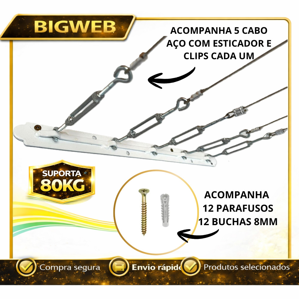 Varal Fixo Parede com Cabo de Aço e Esticador 5m / 10m / 15m ou 20m Reforçado Escolha o Tamanho