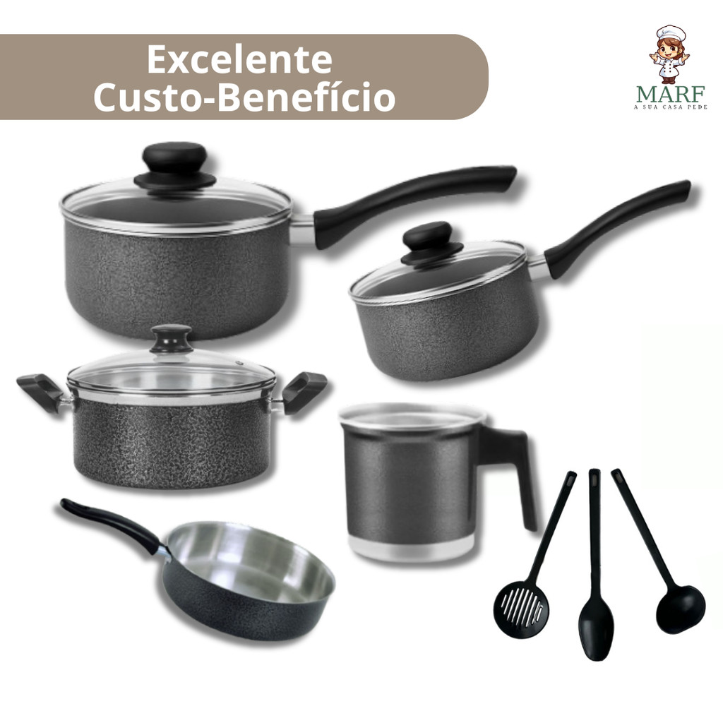 Conjunto de Panelas de Alumínio 5 Peças com Espátulas – Panela 16, Panela 18, Caçarola 18, Frigideira 18 + Leiteira 12