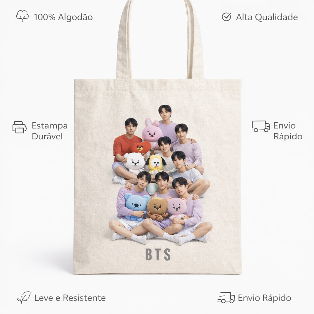 ECOBAG ESTAMPADA TEMA BTS GRUPO -100% algodão cru, 32X38, ALÇA REFORÇADA em Oferta na Shopee