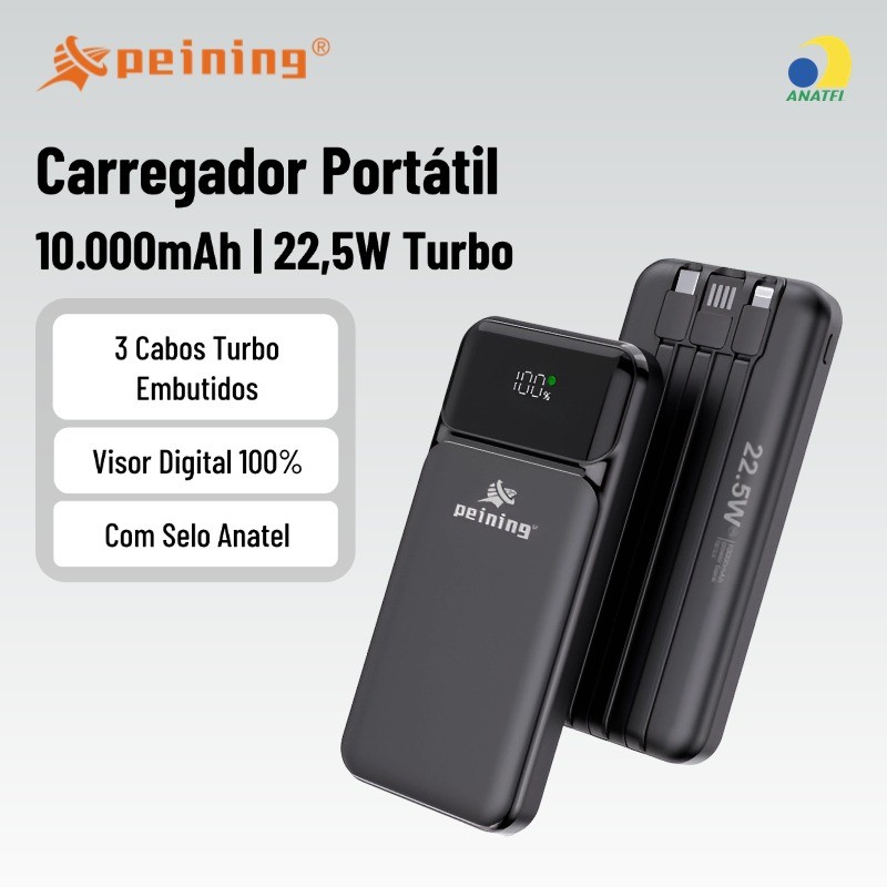 Carregador Portátil Peining Power Bank Turbo 22,5W 10000mAh Visor Digital Selo Anatel WUP-653A