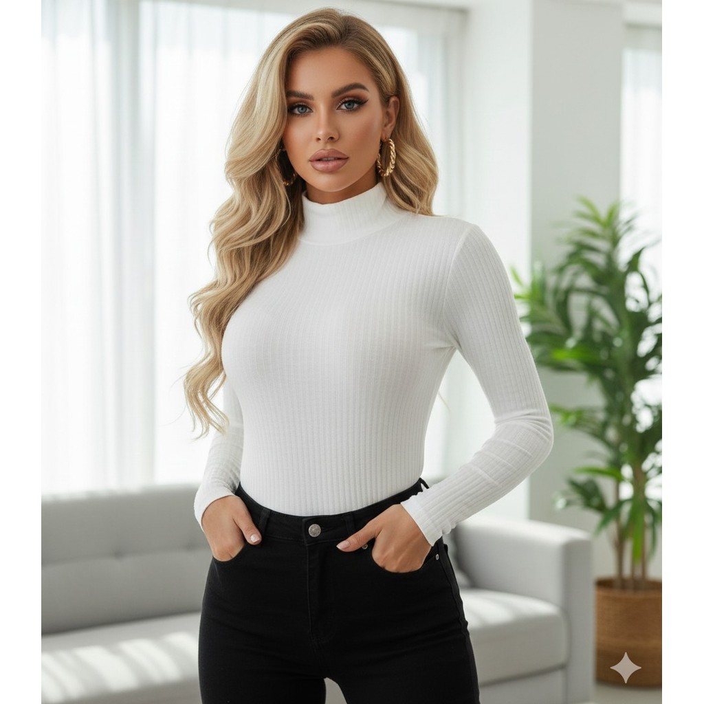 blusa feminina canelada elastano gola alta manga longa lançamento