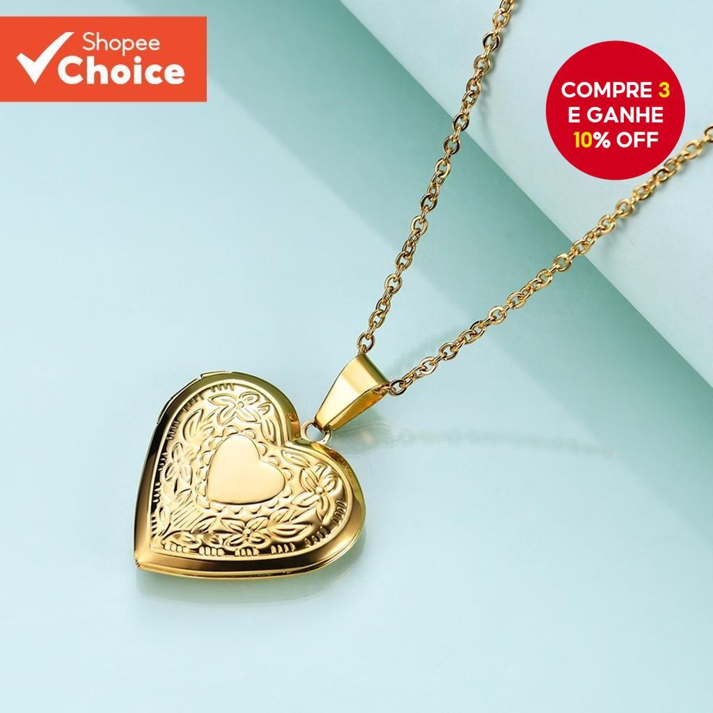 Ouro Coração Padrão Medalhão Pingente Colar Elegante Feminino Hipoalergênico Jóias De Aço Inoxidável