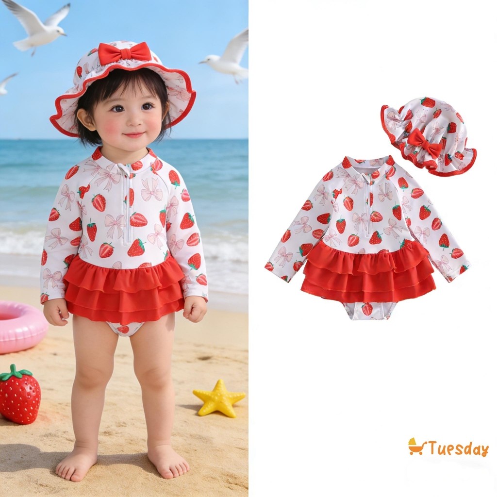 Maiô Infantil Feminino Rash Guard Com Estampa De Laço De Morango E Mangas Compridas Chapéu