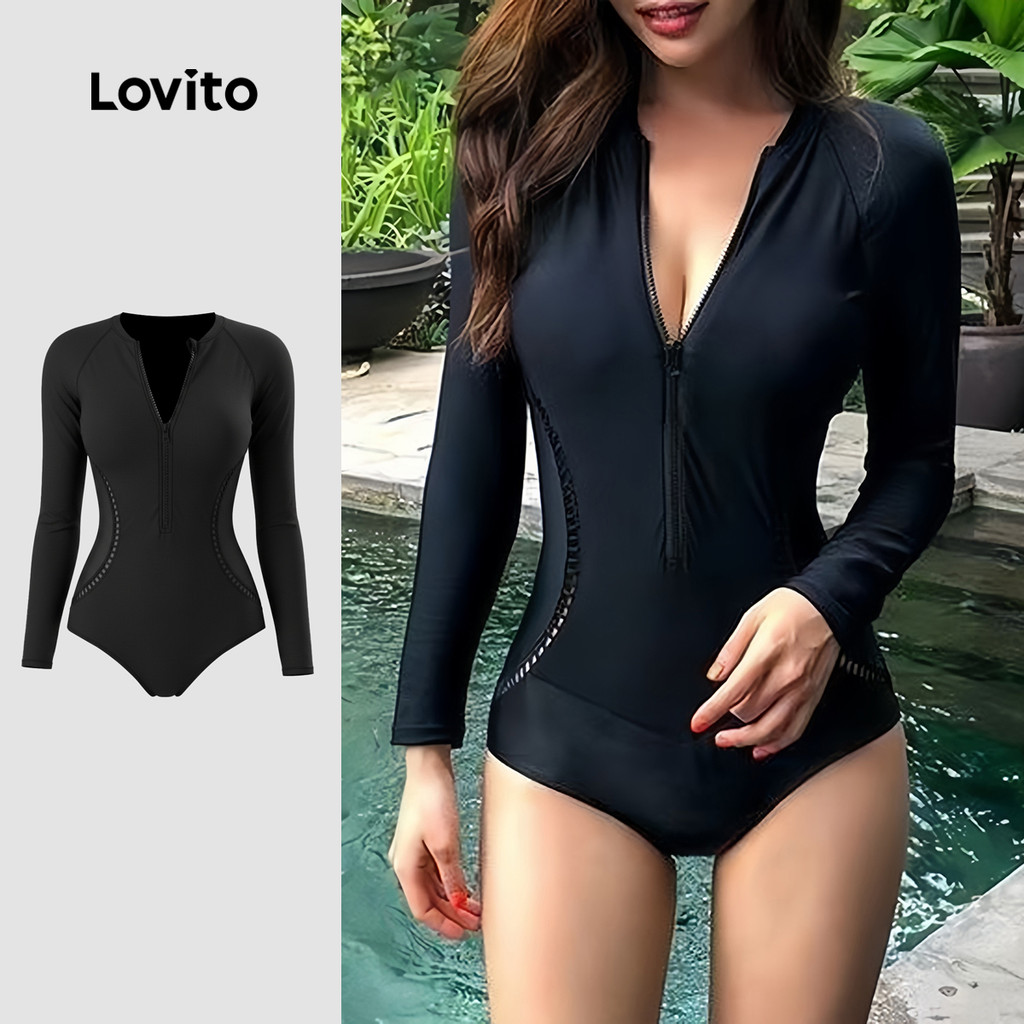 Lovito Maiô Onepiece Esportivo com Recorte para Primavera/verão Preto Maiô Onepiece para Mulheres LNE130060 em Oferta na Shopee