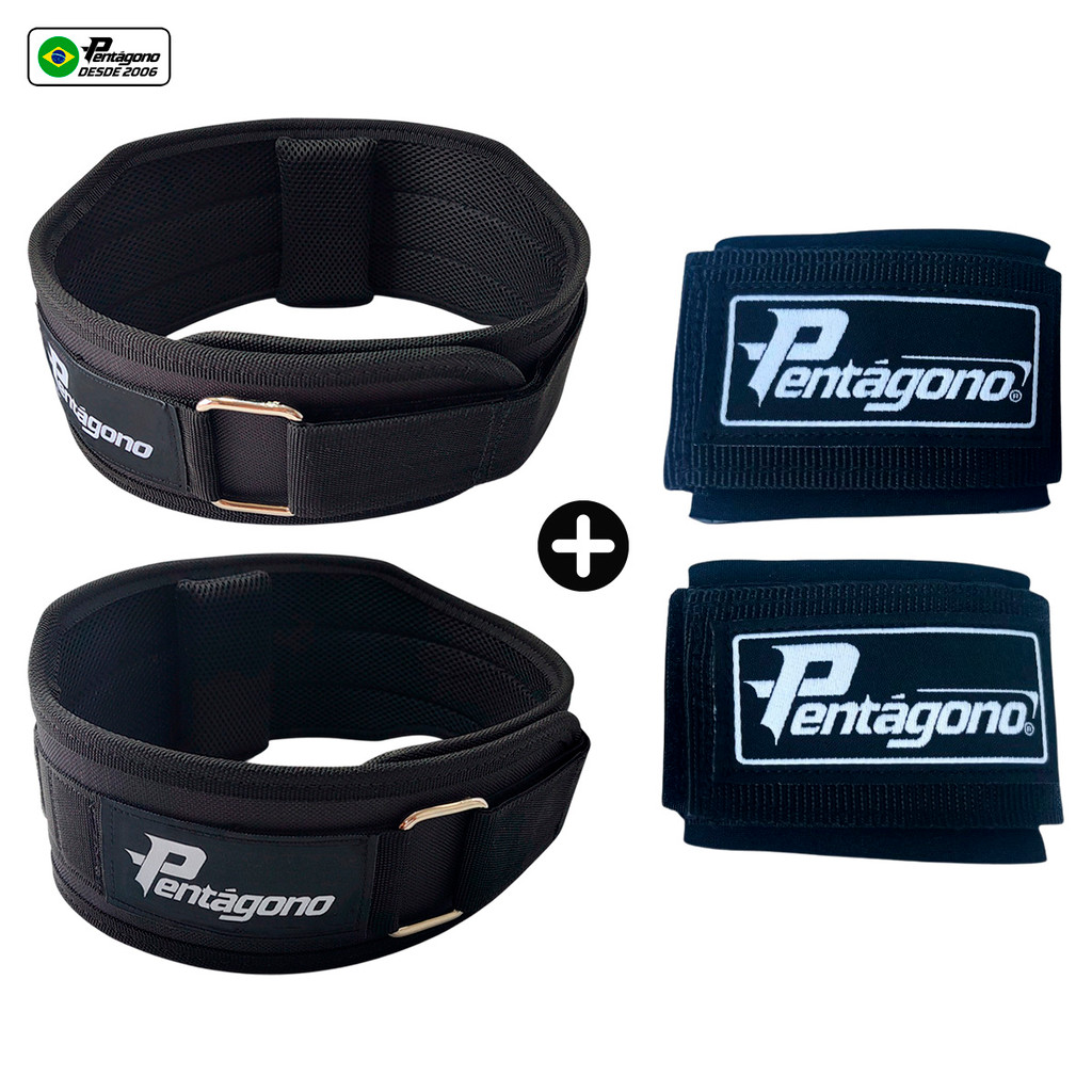 Kit Cinturão Musculação Agachamento TIGER - Tamanho Ajustável - Serve do PP ao GG + Par de Munhequeira Cor: Preta em Oferta na Shopee