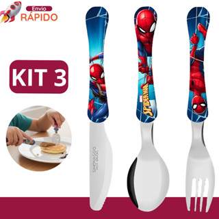 Kit 3 Talheres Infantis Homem Aranha Colher + Garfo + Faca Inox Disney Super Herói Para Lancheira em Oferta na Shopee