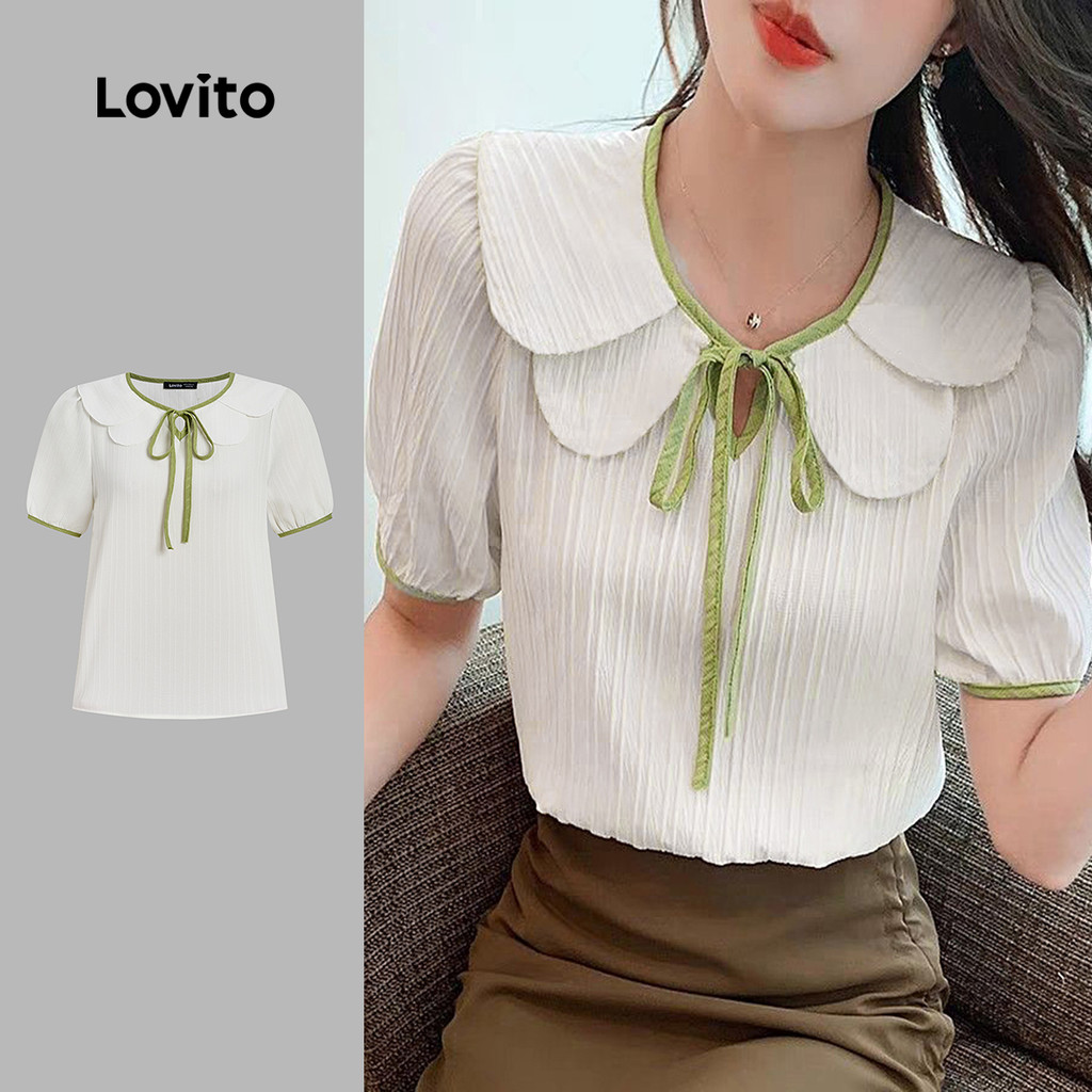 Lovito Blusa Casual com Laço Primavera/verão Blusa Branca para Mulheres L170LD041 em Oferta na Shopee