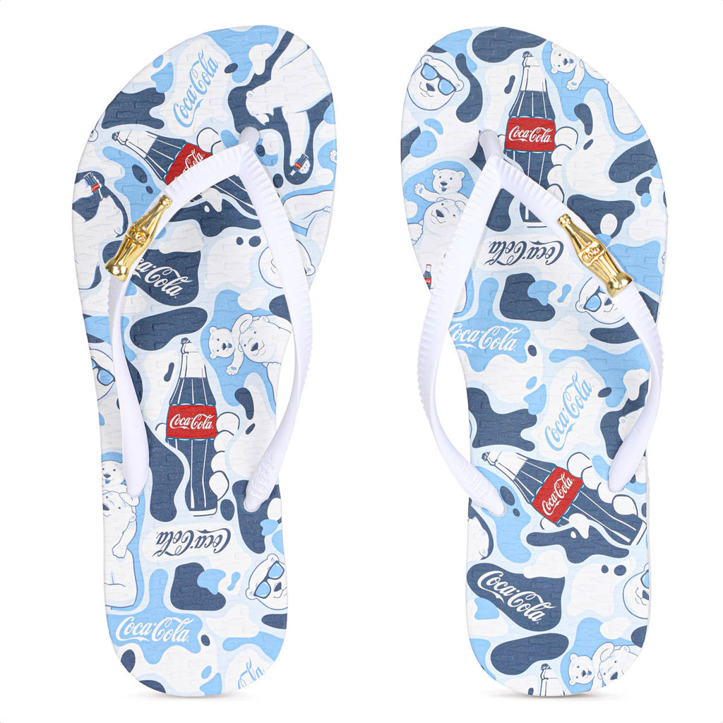 Chinelo Coca Cola Bear Camo Azul e Branco - Feminino em Oferta na Shopee