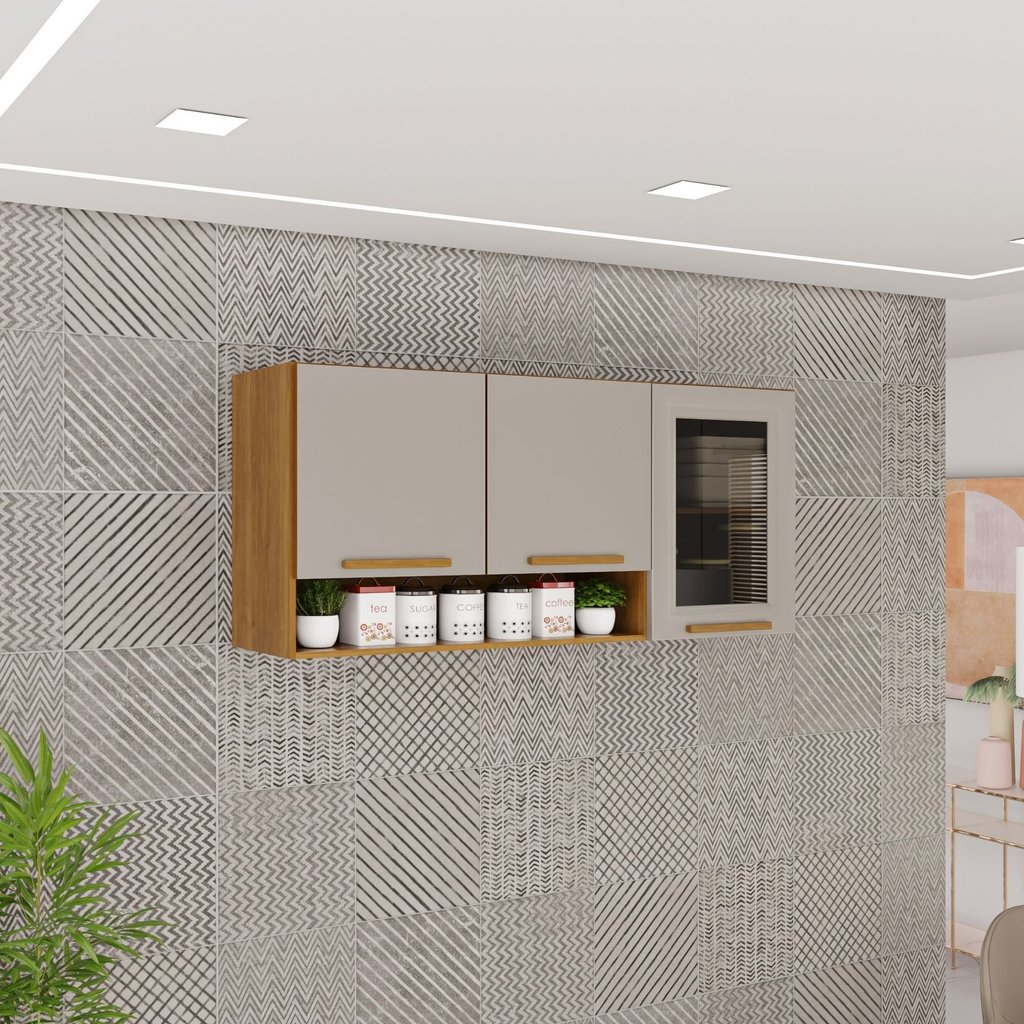 Armário Aéreo 3 Portas Vidro Fumê Bella Cinamomo/Off White em Oferta na Shopee