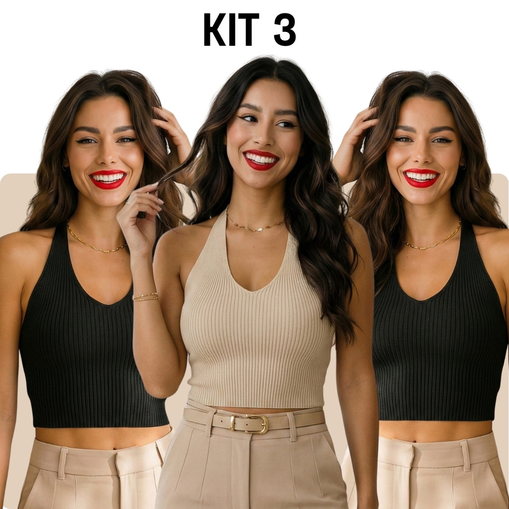 Kit 3 Top Cropped Tricot Modal Regata Frente Única Decote V Canelado Verão Elegante Feminino