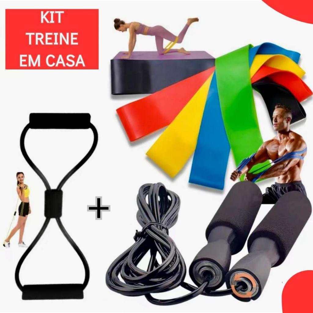 Imagem Kit Treine Em Casa Funcional Completo 5 Faixas Mini Band + Elástico Extensor Cross + Corda de pular