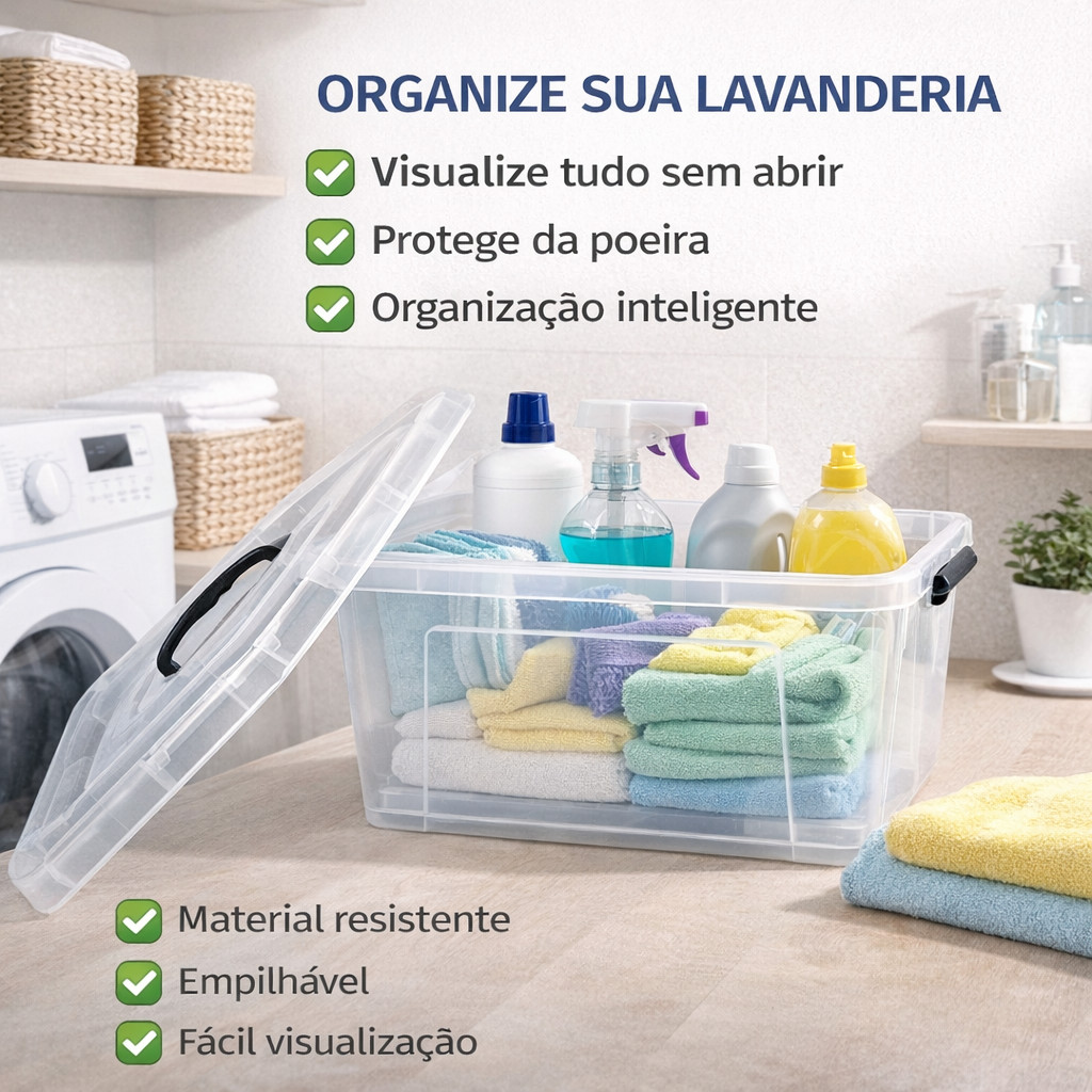 Caixa Organizadora Plástica Container Transparente 12,4L 26L 38,2L com Tampa Multiuso Lavanderia