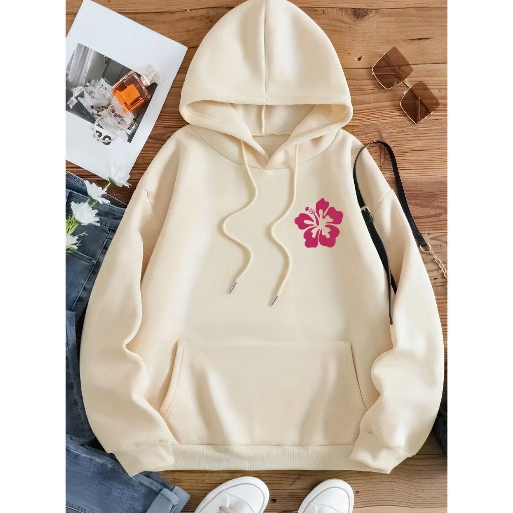 Moletom Flanelado Unissex com Capuz e Bolso Estilo Tumblr Inverno Casual Estampado Confortável Flor