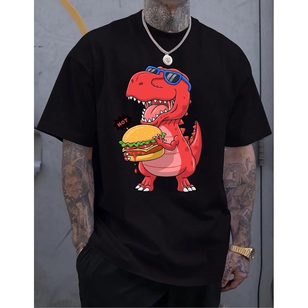 Camiseta Masculina Streetwear Algodão Penteado Infantil Adulto Plus Size Estampa Dino Hamburguer Comida dinossauro Meigo