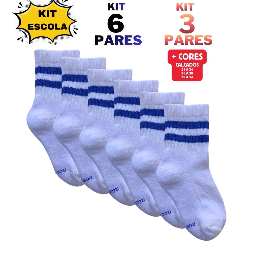 Kit 3 Pares e Kit 6 Pares Meia Infantil Escolar Atoalhada Kit Semana