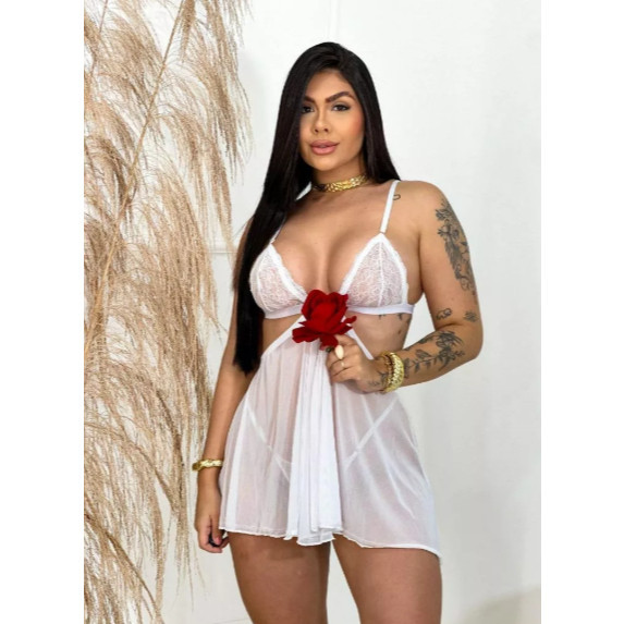 Camisola Sexy com Abertura Tule Com Calcinha De Regulagem Feminina
