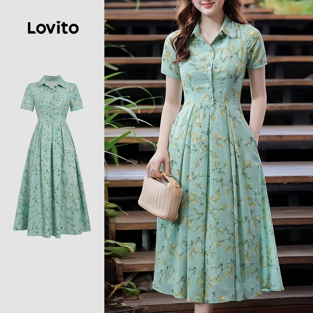 Lovito Vestido Elegante de Flores Plissado Simples para Primavera/verão para Mulheres L155ED693 em Oferta na Shopee