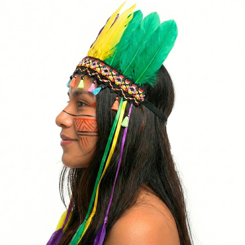 Cocar Indígena de Penas Coloridas Tassels e Fitas Laterais Para Fantasia de Indio · foto 2