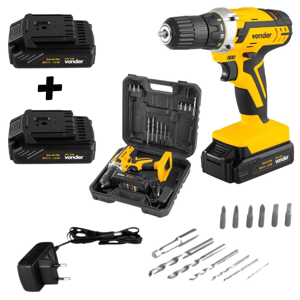 Kit Parafusadeira Furadeira a Bateria Vonder 20V + 2 Bateria em Oferta na Shopee