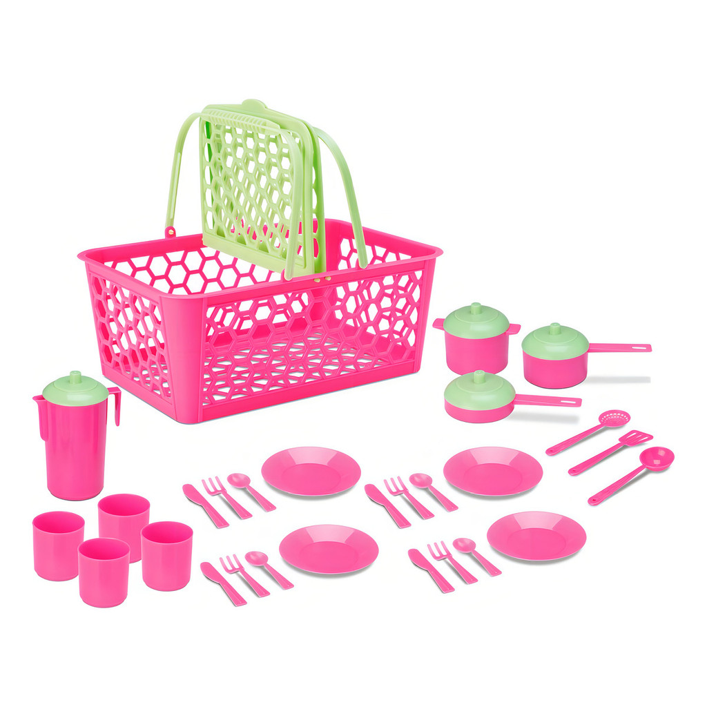 Brinquedo Infantil Cesta Leva Papinha Panelinhas Kit Cozinha Cor Rosa Cardoso Toys