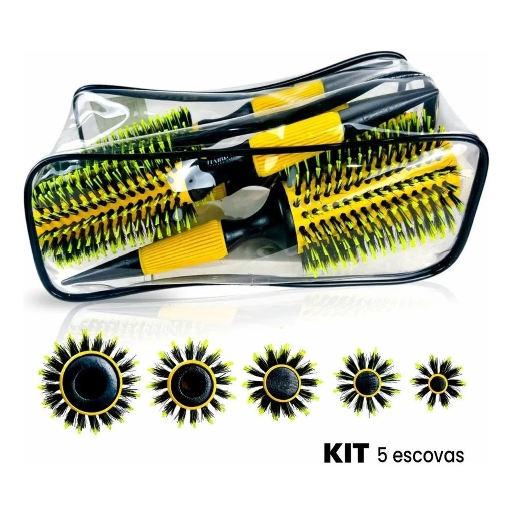 Kit 5 pc Escova De Cabelo Térmica Cerdas De Javali Mista Madeira