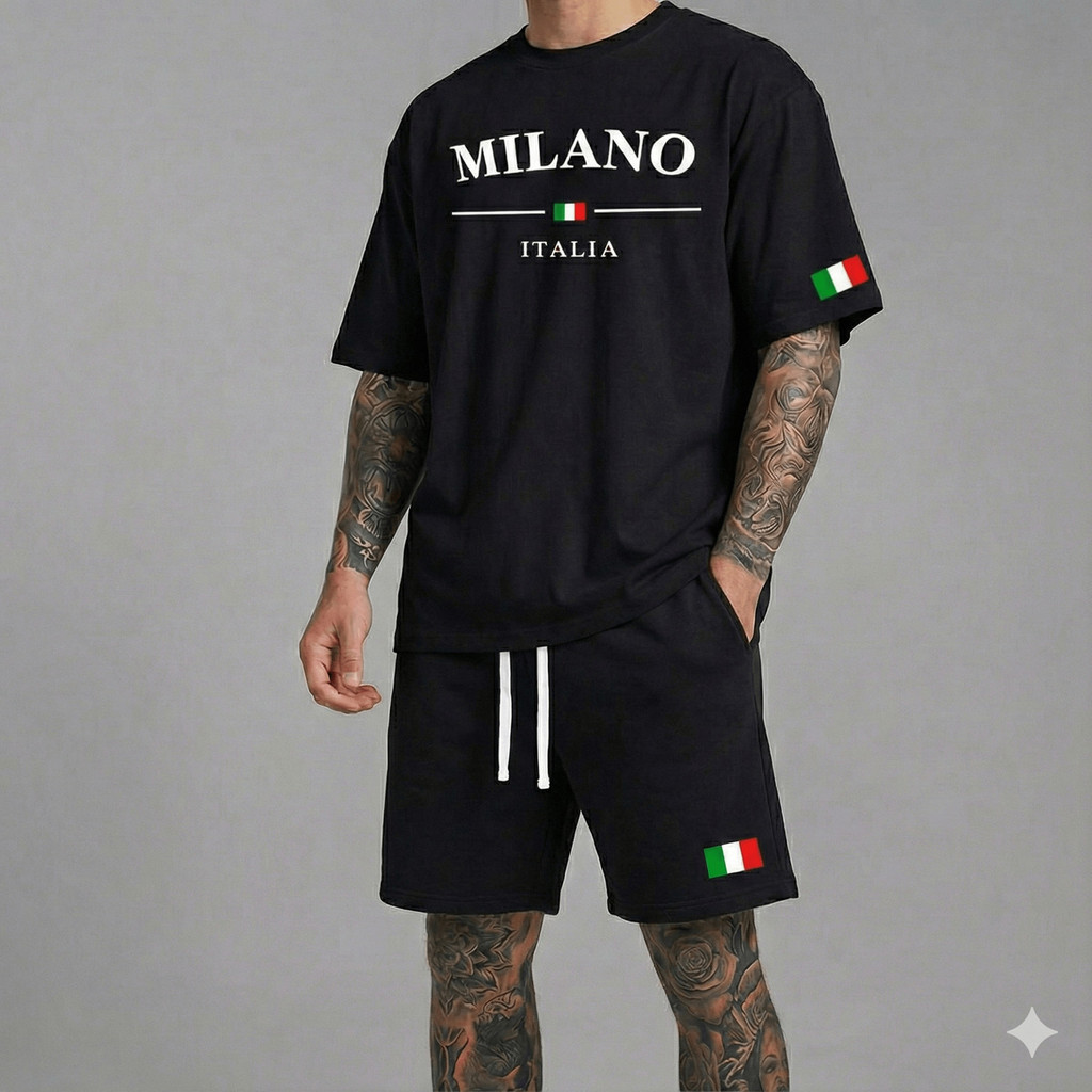 Conjunto Camiseta + Short Moletom Estampado Milano Itália