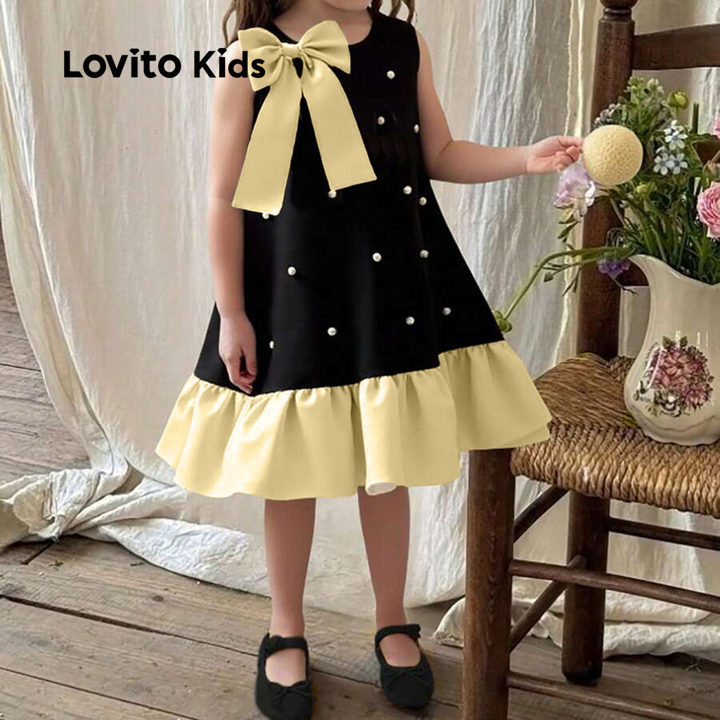 Lovito Vestido Infantil Fofo Com Babados E Bainha Para Todas As Estações Vestido Preto E Branco Para Menina LNL106031 em Oferta na Shopee