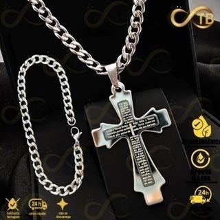 TB Moda Kit Corrente e Pulseira cordao masculino Cruz prata aço inox pingente Crucifixo pai nosso