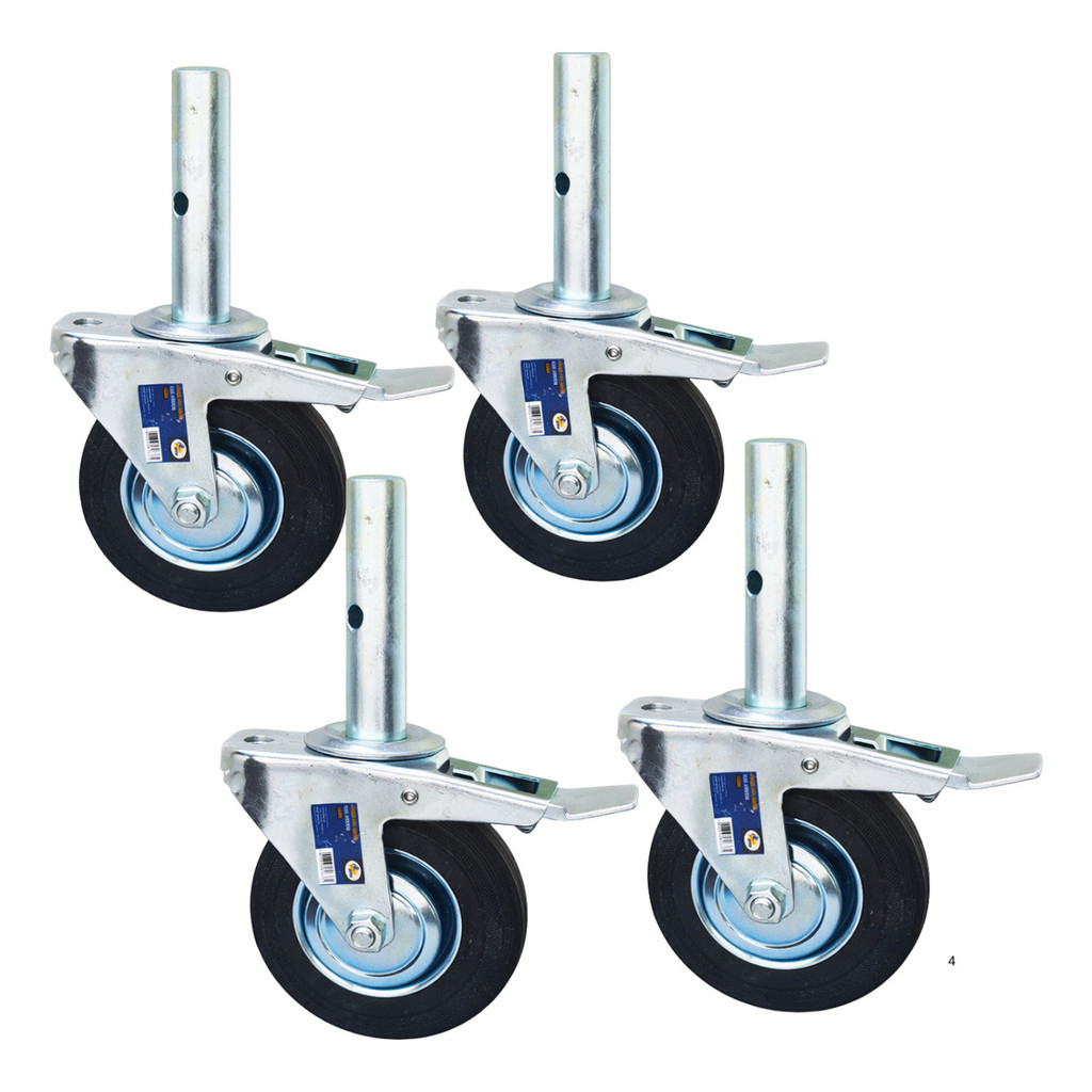 Kit 1 ou 4 Rodinhas Giratórias Com Trava Freio Andaime Suporta Até 200kg Cada Rodízio Industrial borracha maciça 6" pol