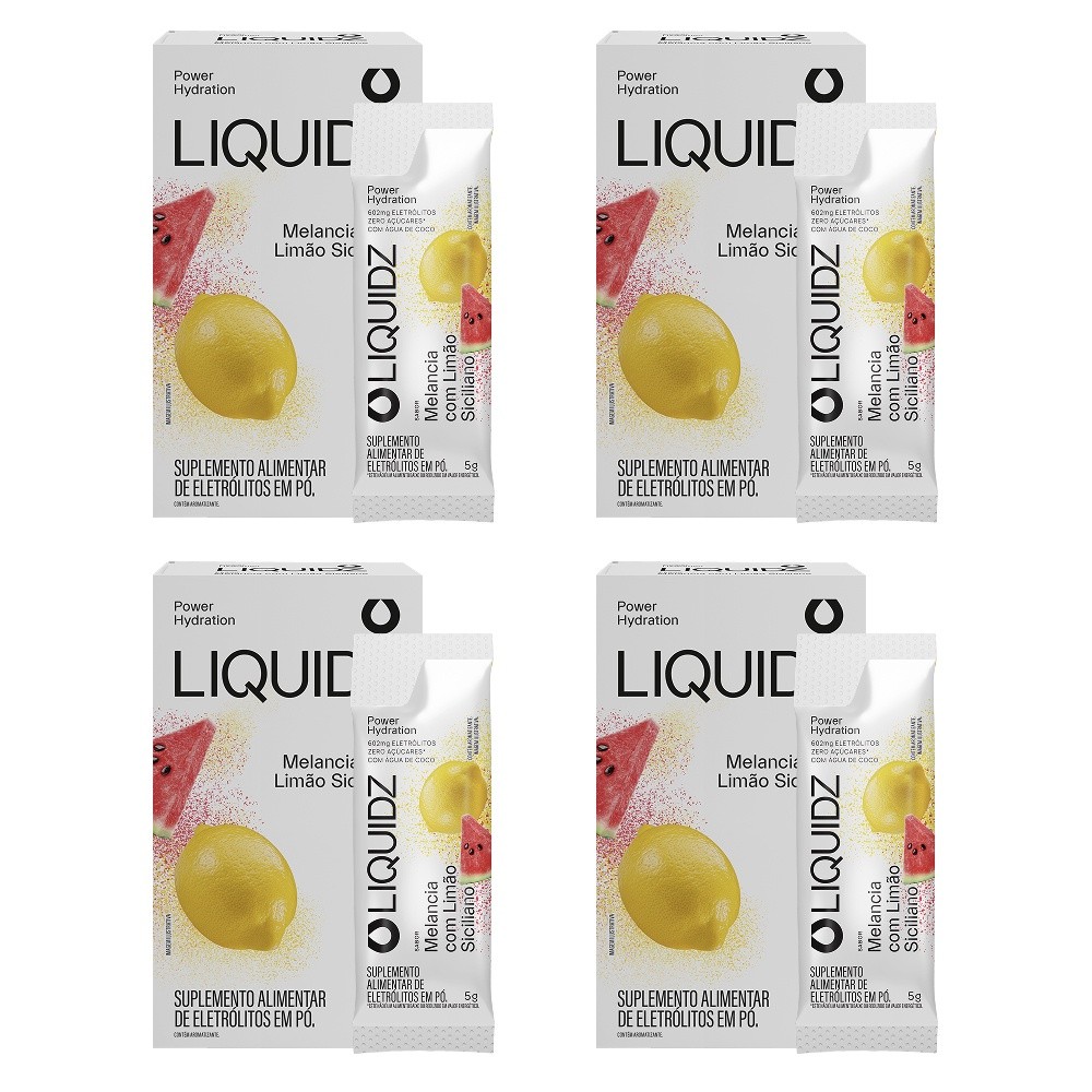 LIQUIDZ® - Eletrólitos Zero Açúcares - Melancia com Limão Siciliano - Kit 4 Caixas - 24 sachês