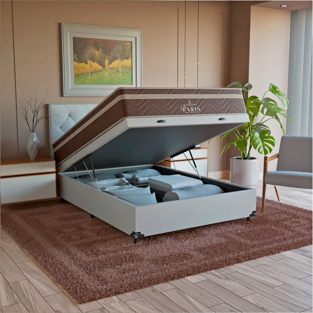 Cama Box Baú Viúva + Colchão Paris Molas Ensacadas Pocket - Couro Branco