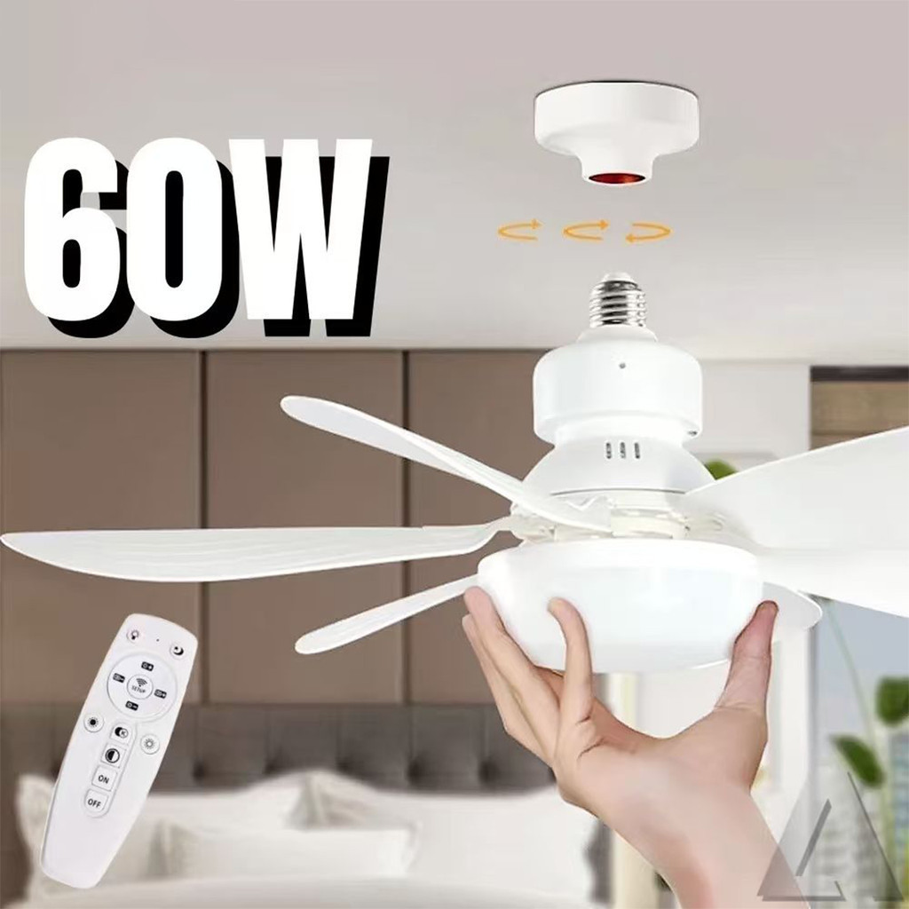Ventilador Luminária Led 6 Pás Lâmpada Soquete Bocal 42CM Teto 3 Cor Luz Branco Amarelo Contróle 60W