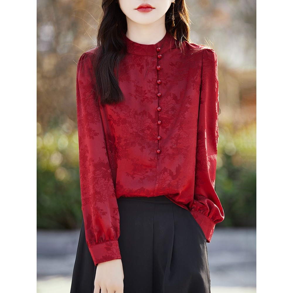 T temperamento Retro pérola botão gola alta camisa feminina 2026 novo estilo novo Design chinês cetim Jacquard camisa de