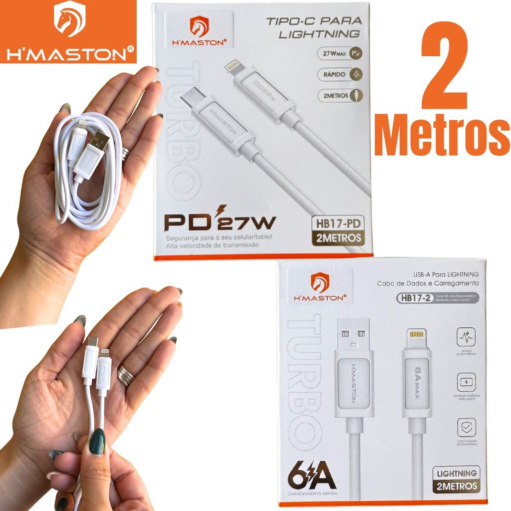 Cabo Turbo 2 Metros Iphone Lightnig Ultra Rápido 27W/6A Tipo-C ou USB Resistente H'maston