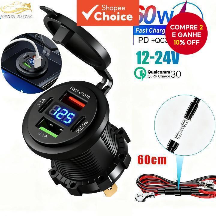 Estilo de Vida - Produto Local - 1 Conjunto Carregador de Carro QC 3.0 à Prova d'Água com Duplo USB e Dupla Tomada em Oferta na Shopee