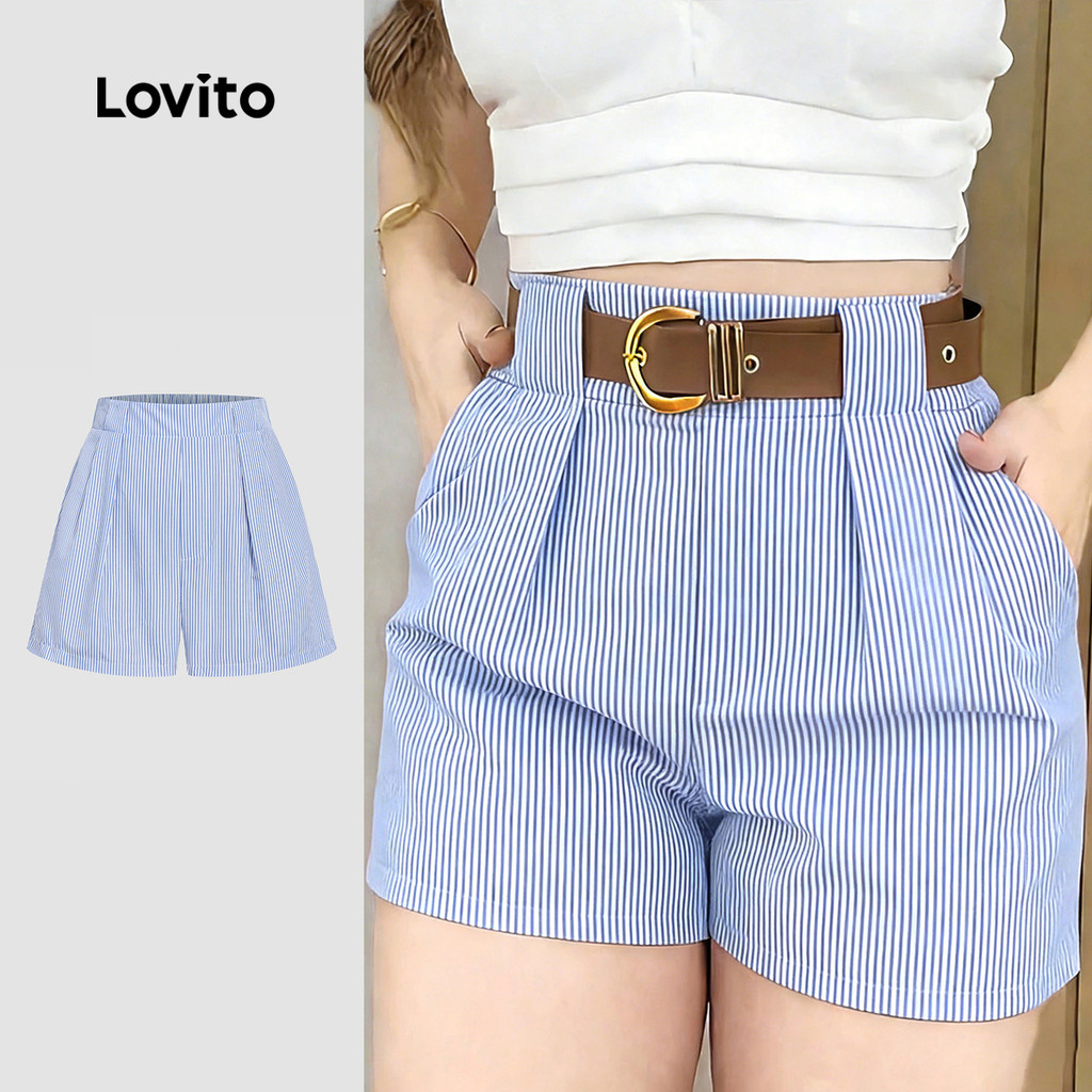 (NEW) Lovito Shorts Casuais Plissados Lazer Shorts Azul para Mulheres L177ADD126