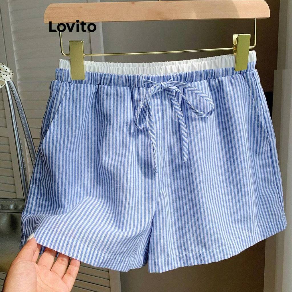 Lovito Shorts Casuais Com Costura De Tecido Listrado Para Mulheres LBL19096 em Oferta na Shopee