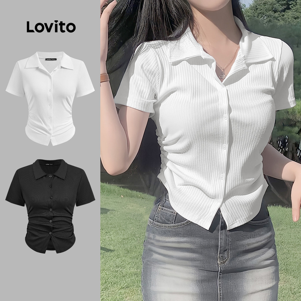 Lovito Camisa Casual Com Botões Franzidos, Camisa De Verão/Primavera Para Mulheres L128ED445 em Oferta na Shopee