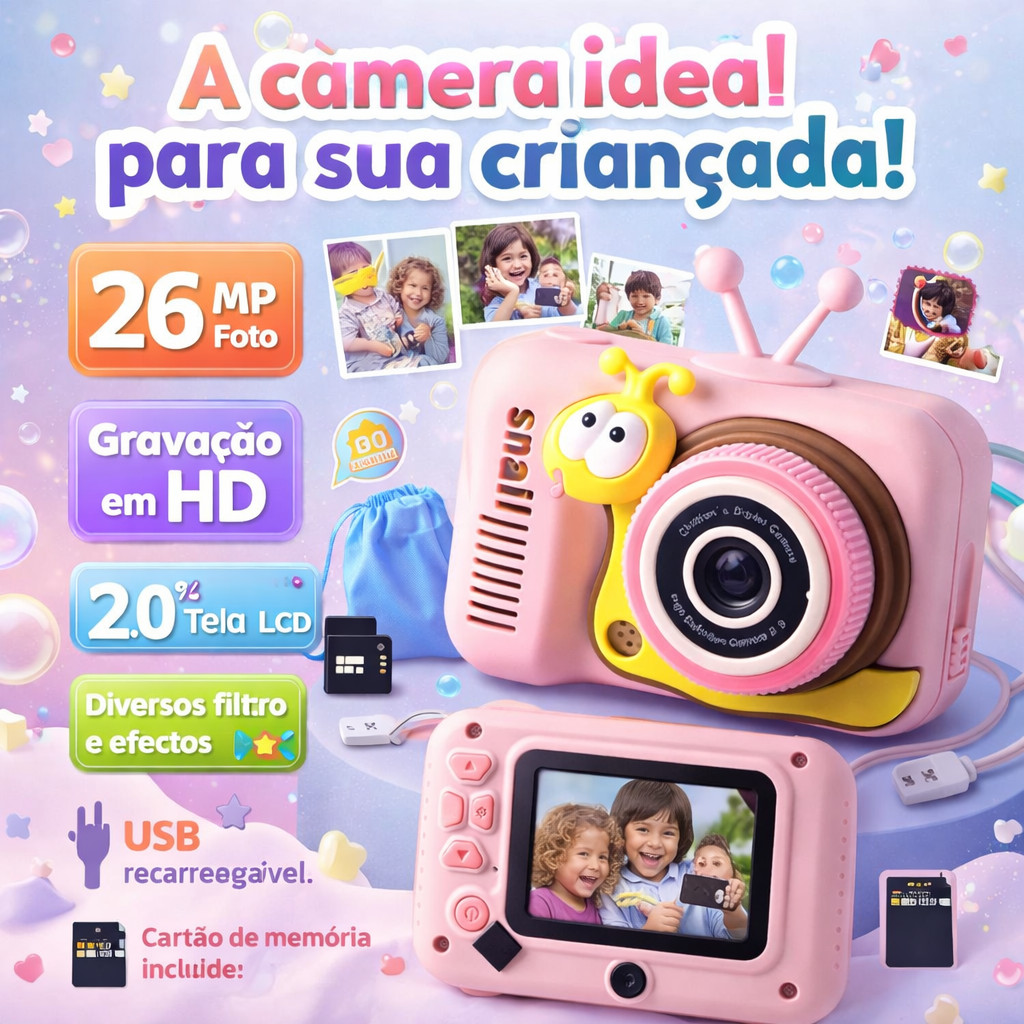 Câmera Fotográfica Infantil Rosa com Temporizador Automático