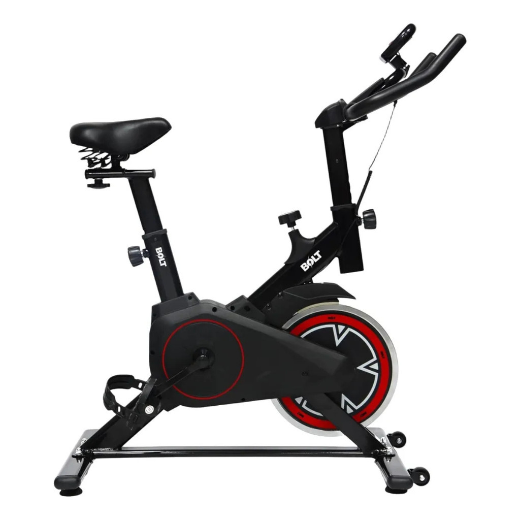 BICICLETA SPINNING BOLT F1 COM MONITOR E AJUSTES PRETO E VERMELHO