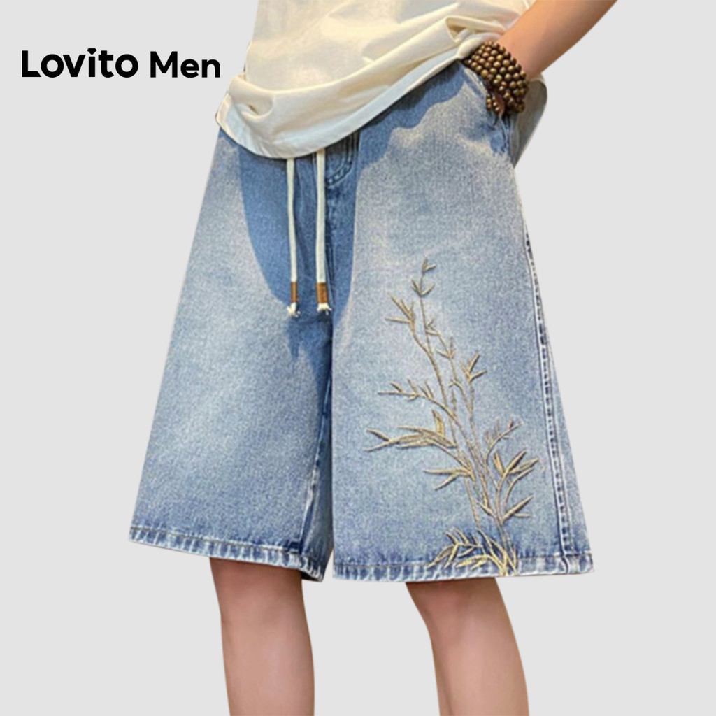 Lovito Men Shorts de Ganga Casuais com Bordado e Cordão Azul para Primavera/verão para Homens LNE131117