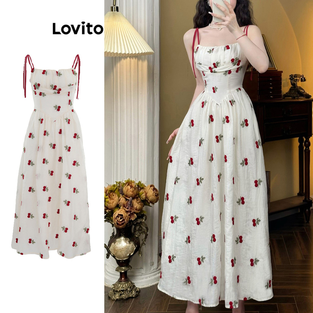 Lovito Vestido Casual Floral Contraste Fita Plissada Estrutura Linha Vestido Para Mulheres LNE51425 em Oferta na Shopee