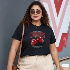 Camiseta Feminina Plus Size Blusa Estilosa T shirt Estampada "Cherries Cerejas" - 100% Algodão