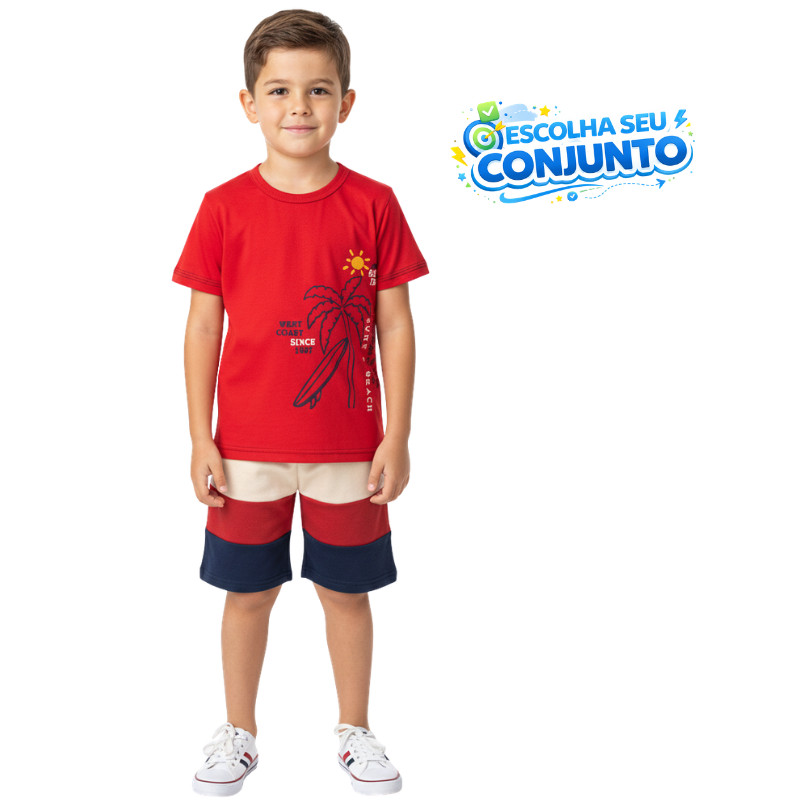 Conjunto Infantil Verão Masculino Menino Com Camiseta 100% Algodão Manga Curta Estampa Praia Bermuda Moletinho Vermelho em Oferta na Shopee