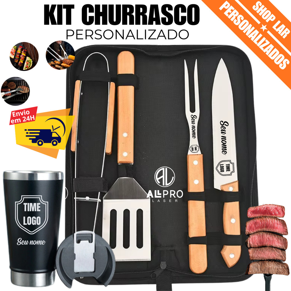 Kit Churrasco Bambu / Inox 4 Peças + Copo Térmico – Personalizado a Laser