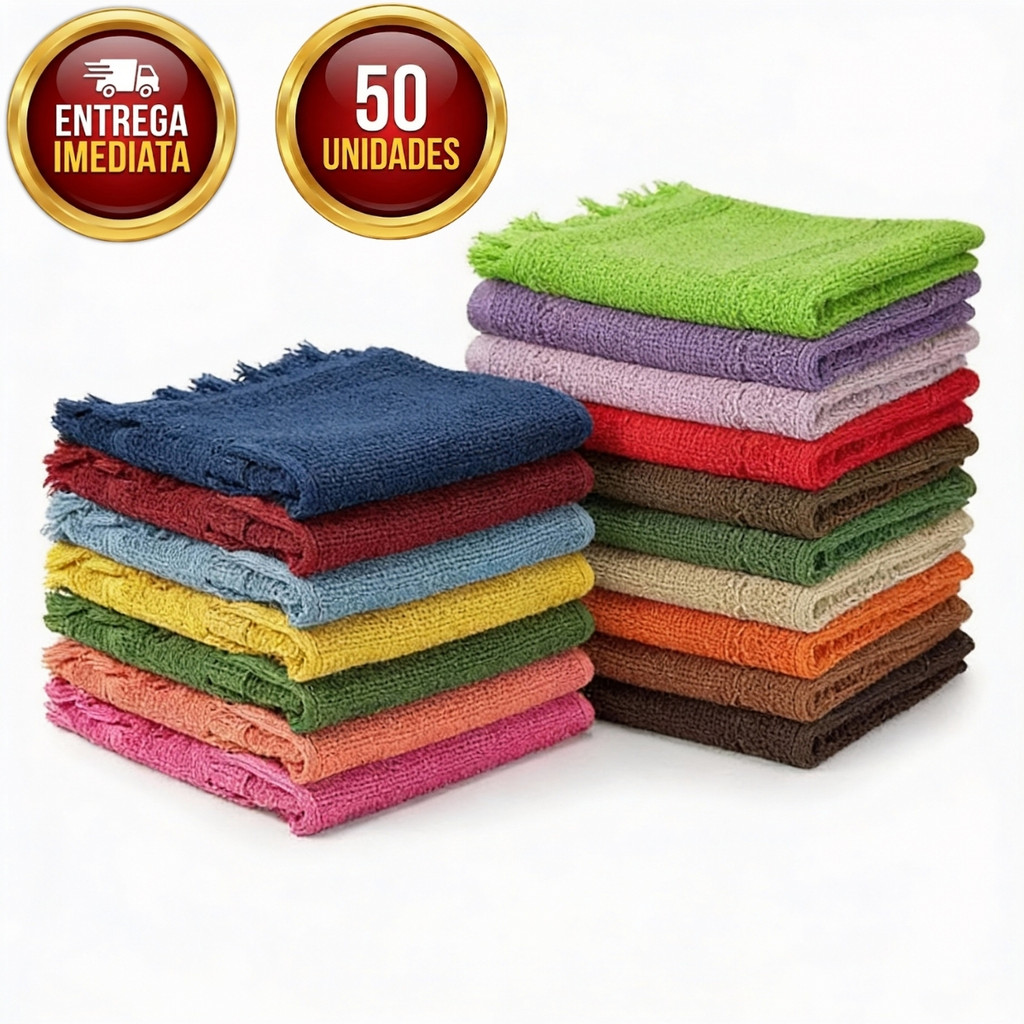 Kit 50 Toalhinha de Mão Toalha Social Para Artesanato Bordar Salão Academia Boca de Bebê 100% Algodão Com Franja