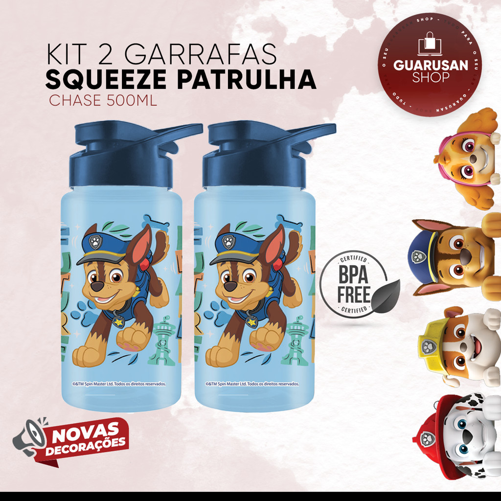 Kit Patrulha Canina Chase - Garrafa Squeeze Bottle Cantil Infantil Escolar 500ml (2 itens BPA Free) em Oferta na Shopee