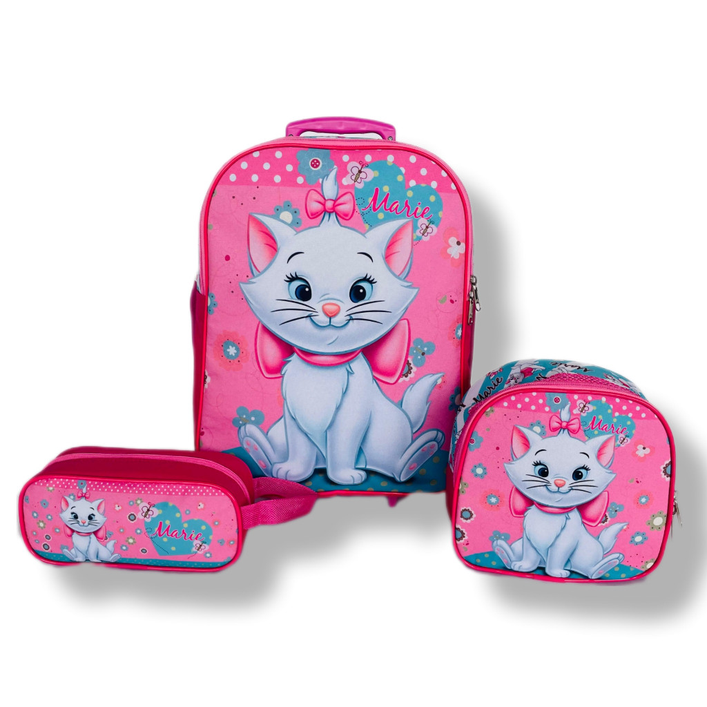 Kit Mochila Infantil Escolar de Rodinha Gatinha Marie G + Lancheira + Porta Lápis