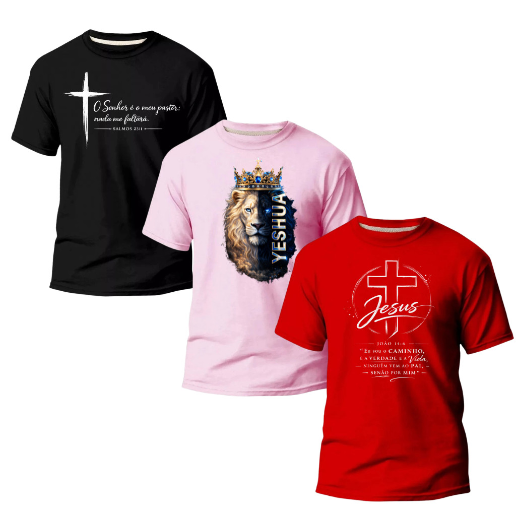 KIT 3 CAMISAS GOLPEL EVANGÉLICAS 100% ALGODÃO YESHUA VERSÍCULOS